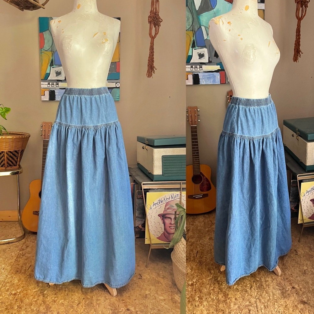 80-90s vintage made in USA denim maxi skirt with drop waist